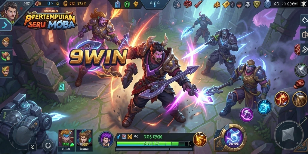 Screenshot permainan 9WIN yang menunjukkan pertempuran MOBA yang seru.
