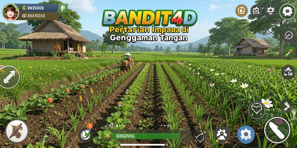 Tampilan gameplay BANDIT4D dengan lahan pertanian yang subur dan tanaman beragam.