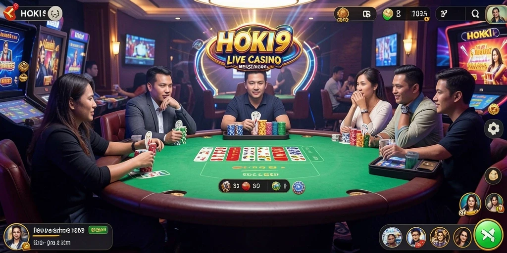 Tampilan gameplay HOKI9 yang menarik dengan dealer langsung dan suasana kasino nyata.