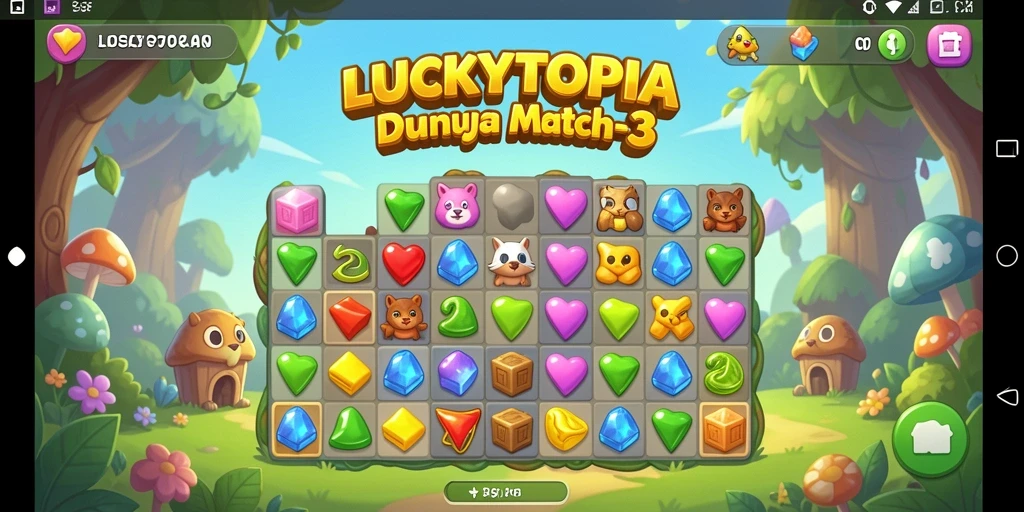 Tampilan gameplay seru dari LUCKYTOPIA dengan elemen Match-3 yang menantang.