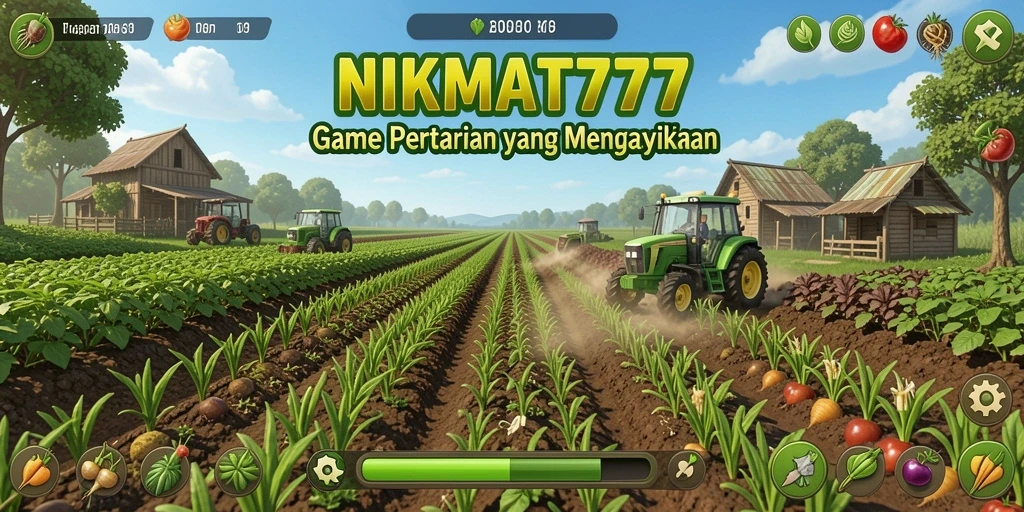 Screenshot gameplay NIKMAT777 dengan ladang yang indah dan hasil panen melimpah.