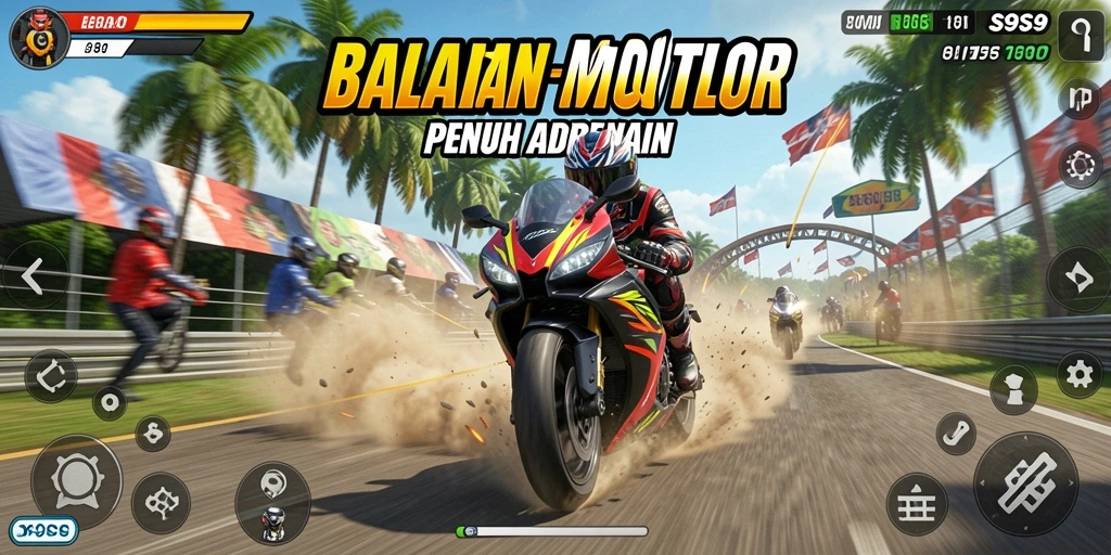 Screenshot S9S9 menampilkan balapan motor yang mendebarkan.